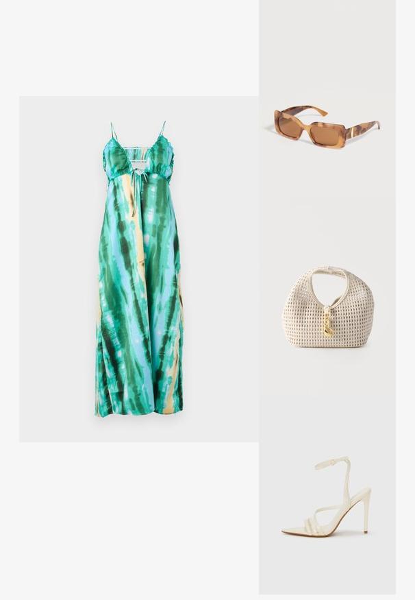 Maxi šaty s nastaviteľnými ramienkami, s tkaninou v tie-dye vzore v odtieňoch teal, zelenej a s nádychom žltej. Hladká, ľahká látka.; Béžové sandále na vysokom opätku s ostrou špičkou, vybavené tromi prednými pásikmi a tenkým pásikom okolo členka so sponou. Hladká textúra, minimalistický dizajn.; Obdĺžnikové slnečné okuliare s hrubými rámami a hnedými tónovanými šošovkami s motívom korytnačky, položené na bielom povrchu.; Krémová pletená kabelka s zaobleným tvarom, krátkou rúčkou a dekoratívnym zlatistým zapínaním visiace v strede prednej časti.
