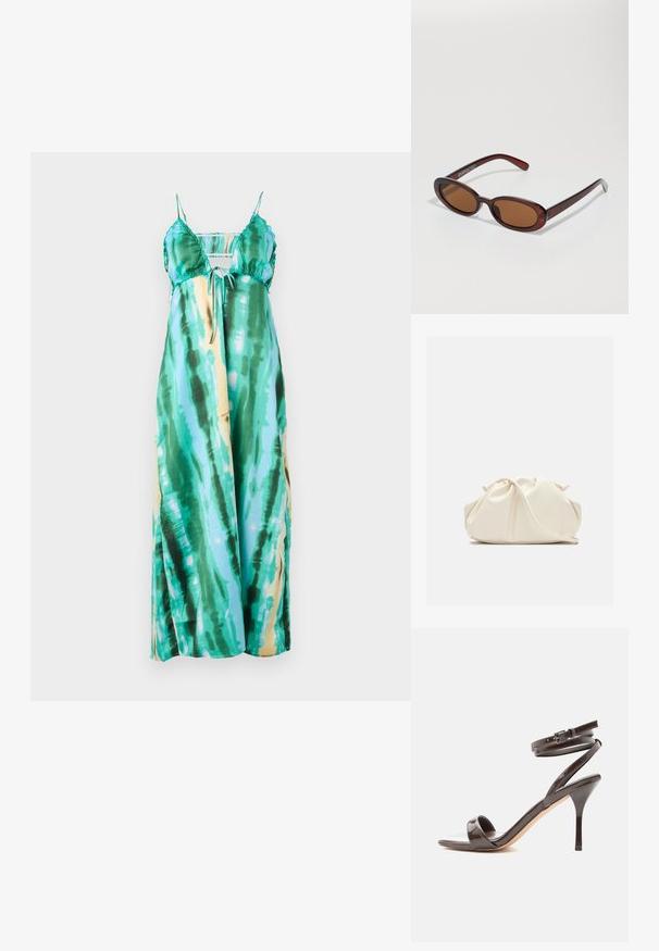 Maxi šaty s nastaviteľnými ramienkami, s tkaninou v tie-dye vzore v odtieňoch teal, zelenej a s nádychom žltej. Hladká, ľahká látka.; Tmavohnedá sandála z lakovanej kože na vysokom podpätku s tenkým pásikom okolo členku a otvorenou špičkou na bielom pozadí.; Okrúhle slnečné okuliare s hnedým nádychom a lesklým burgundským rámom. Úzke ramená s jemným brandovaním. Plochej šošovky dizajn.; Mäkká krémová kožená kabelka typu clutch so zošitým, nariaseným dizajnom a tenkým ramenným popruhom, ktorý je položený vpredu na jednofarebnom pozadí.