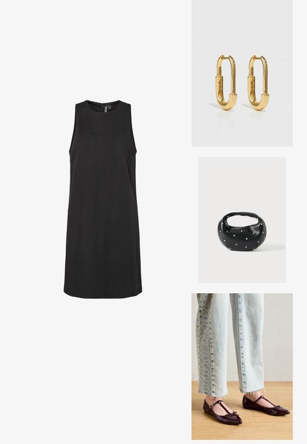 Ärmelloses schwarzes Kleid mit rundem Ausschnitt und unsichtbarem Reißverschluss auf der Rückseite. Hergestellt aus glattem Stoff, hat es eine gerade Silhouette.; Glänzende bordeauxrote Ballerinas mit T-Riemen und einer Schleifendetail am Zeh. Kombiniert mit kurz geschnittenen hellblauen Jeans.; Schwarze Lederhandtasche mit abgerundeter Form, verziert mit silbernen Nietenakzenten und kurzem Griff. Glatte Struktur und Reißverschlussverschluss.; Goldene Metall-Hoops mit einer verlängerten ovalen Form, ausgestattet mit einer glatten, polierten Oberfläche und einem kleinen Scharnier zur Befestigung.