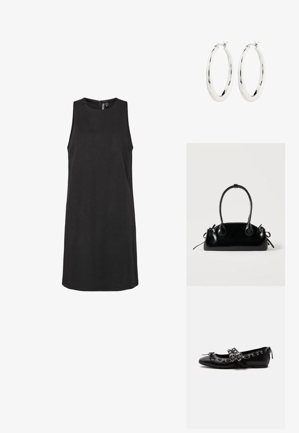 Ärmelloses schwarzes Kleid mit rundem Ausschnitt und unsichtbarem Reißverschluss auf der Rückseite. Hergestellt aus glattem Stoff, hat es eine gerade Silhouette.; Schwarzer flacher Ballettschuh mit doppelten Schnallenriemen, silbernen Ösen und einer kleinen Schleife nahe der abgerundeten Spitze auf weißem Hintergrund.; Kleine schwarze glänzende Handtasche mit zwei langen Griffen und seitlichen Kordelzug-Details vor einfachem hellem Hintergrund.; Silberne Creolen mit einer glatten, glänzenden Oberfläche. Kreisform, ausgestattet mit einem sicheren Verschluss. Einfaches und elegantes Design.