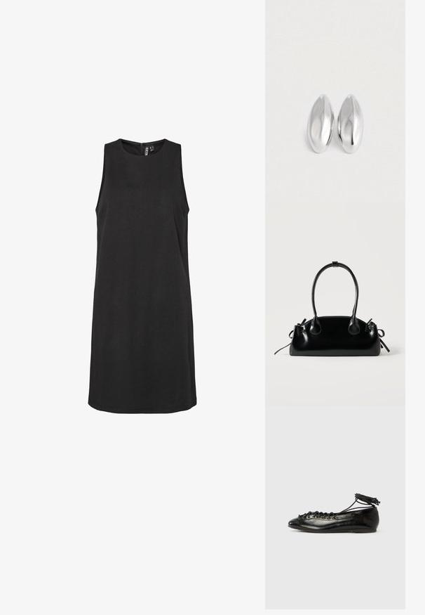 Ärmelloses schwarzes Kleid mit rundem Ausschnitt und unsichtbarem Reißverschluss auf der Rückseite. Hergestellt aus glattem Stoff, hat es eine gerade Silhouette.; Schwarze Ballerinas aus Lackleder mit runder Spitze, Schnürdesign und flacher Sohle. Glatte Textur mit minimaler Verzierung.; Kleine schwarze glänzende Handtasche mit zwei langen Griffen und seitlichen Kordelzug-Details vor einfachem hellem Hintergrund.; Ein Paar glatte, glänzende silberne ovalförmige Objekte, die nebeneinander auf einem schlichten weißen Hintergrund platziert sind.