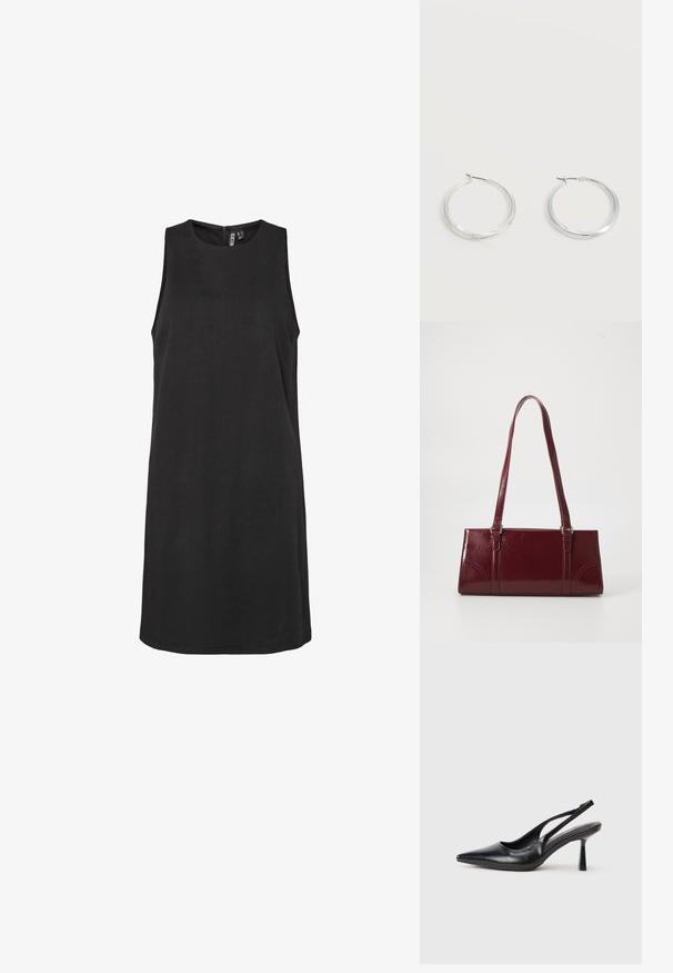 Ärmelloses schwarzes Kleid mit rundem Ausschnitt und unsichtbarem Reißverschluss auf der Rückseite. Hergestellt aus glattem Stoff, hat es eine gerade Silhouette.; Schwarzer Leder Slingback High Heel Schuh mit spitzer Zehenpartie und schmalem Absatz auf einem weißen Hintergrund.; Burgunderfarbene Handtasche aus glänzendem Material, rechteckige Form, mit zwei Schulterriemen und subtilen, geschwungenen Akzenten an der Vorderseite.; Silberne Metallcreolen mit glatter, leicht gebogener Oberfläche und Klappverschluss vor schlicht weißem Hintergrund.
