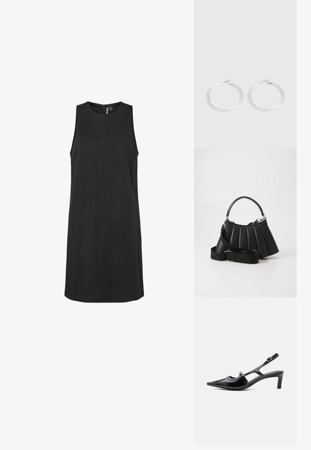 Ärmelloses schwarzes Kleid mit rundem Ausschnitt und unsichtbarem Reißverschluss auf der Rückseite. Hergestellt aus glattem Stoff, hat es eine gerade Silhouette.; Schwarzer Slingback-Schuh aus Lackleder mit spitzer Kappe, niedrigem Absatz und zwei verstellbaren Schnallenriemen, seitlich dargestellt.; Schwarze, gefaltete Handtasche mit einem runden Griff, verstellbarem Schulterriemen und glänzender Textur. Verfügt über silberne Hardware und eine strukturierte Silhouette.; Paar glänzende silberne Creolen mit dünnen Drahtverschlüssen, dargestellt vor einem hellgrauen Hintergrund.