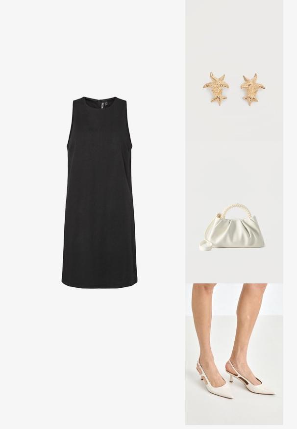 Mouwloze zwarte jurk met een ronde hals en een verborgen ritssluiting aan de achterkant. Gemaakt van gladde stof, heeft een rechte silhoeët.; Beige gepatineerde leren slingback hakken met een spitze neus en een hak van 5 cm, met uitsparingen aan de zijkanten en een dunne enkelband.; Kleine witte handtas met een gerimpeld lichaam, ronde handgreep versierd met parels en een afneembare schouderriem tegen een effen achtergrond.; Goudkleurige oorbellen met twee getextureerde zeestervormen, een grotere en een kleinere, op elke oorbel tegen een witte achtergrond.