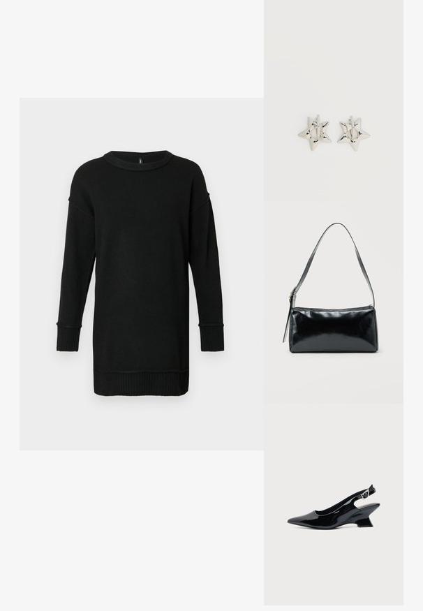 Lang sort strikket sweater med ribbede manchetter og kant, rund hals, og sænkede skuldersømme på en lys grå baggrund.; Sort laklæder slingback sko med spids tå og lav vinklet blokhæl på ensartet lys baggrund.; Sort rektangulær skuldertaske med en enkelt justerbar rem og lynlås i toppen på en ensfarvet baggrund.; Sølv stjerneformede øreringe med en glat, poleret finish på en ensfarvet hvid baggrund.