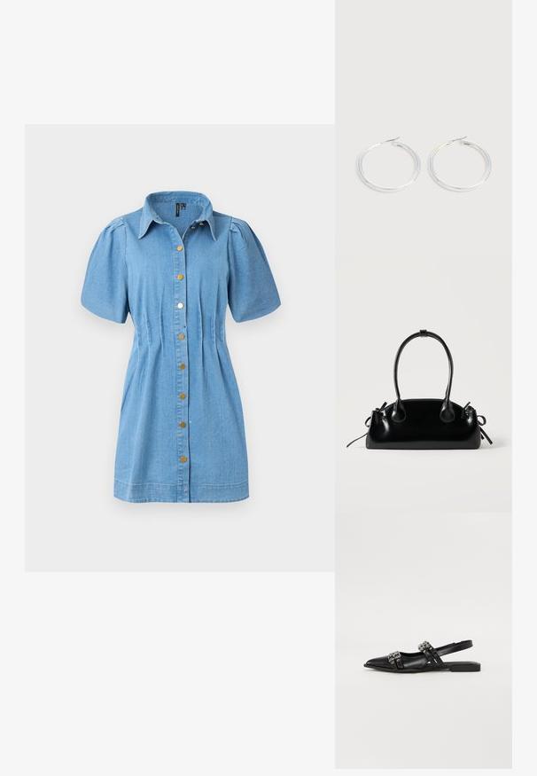 Denim shirt jurk in lichtblauw met korte pofmouwen, knoopsluiting aan de voorkant met goudkleurige knopen en een getailleerde taille.; Even&Odd Slingback ballerina´s - black; Kleine zwarte glanzende handtas met twee lange hengsels en zijkant trekkoord details op een effen lichte achtergrond.; Een paar glanzende zilveren oorringen met dunne draadafsluitingen, getoond op een lichtgrijze achtergrond.