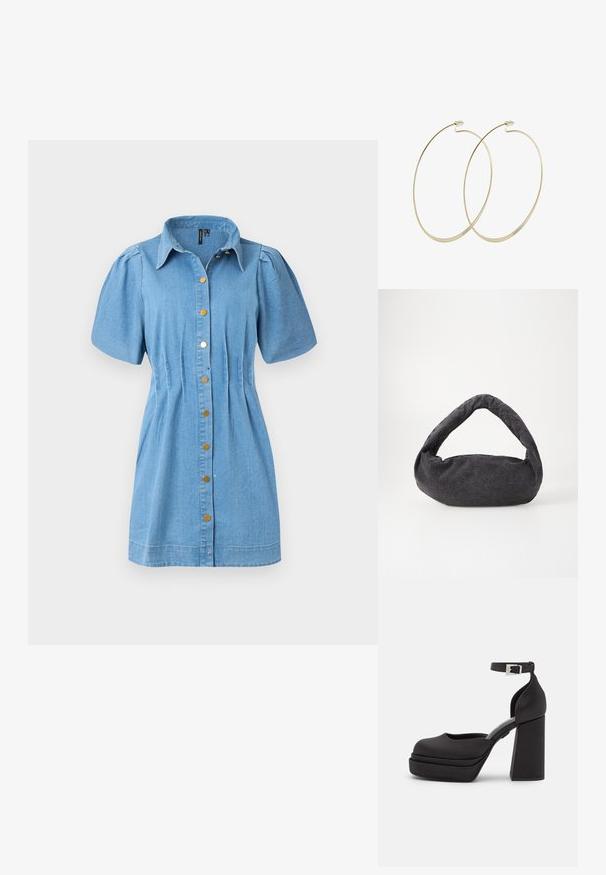 Denim shirt jurk in lichtblauw met korte pofmouwen, knoopsluiting aan de voorkant met goudkleurige knopen en een getailleerde taille.; Zwarte platform hakken met een ronde neus, matte stof, hoge blokhak, verstelbare enkelband en subtiele stiksels.; Donkergrijze stoffen tas met een gebogen handvat, zachte textuur en ronde vorm. Geen zichtbare hardware of versieringen.; Pilgrim Oorbellen - gold-coloured