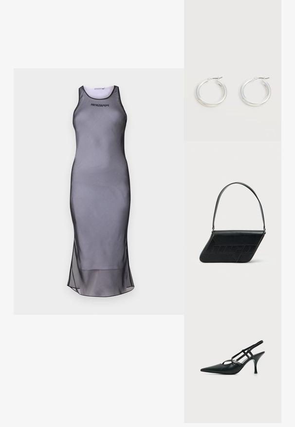 Hallide ilma varrukatega kleit, millel on vormiv disain, valmistatud sileda materjali. Omab läbipaistvat äärt ja musta aktsenti kaeluse ning logo ümber.; Mustast nahast terava ninaga slingback-kontsaga kingad, õhukeste rihmade ja külje peal oleva väikese hõbedase dekoratiivse pandlaga.; Mustast nahast kolmnurkse kujuga õlakott, reljeefse logoga ja ühe reguleeritava rihmaga. Minimalistlik disain ja sile tekstuur.; Keskmise suurusega läikivad hõbedased rõngakujulised kõrvarõngad õhukeste metallist kinnitustega heledal neutraalsel taustal.