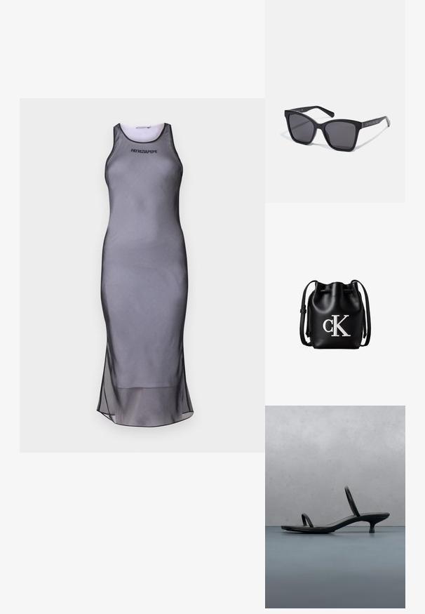 Grå ærmeløs kjole med et slim-fitting design, lavet af glat stof. Har en gennemsigtig kant og sort accent omkring halsudskæringen og logoet.; Sort Calvin Klein sandal med hæl og tynde stropper, balancerende på træfliser udendørs nær en væg og grønne planter.; Sorte rektangulære solbriller med mørke linser og blanke stel. Har sølvfarvet branding langs siden. Firkantet form med robuste arme.; Sort læder bucket taske med snørelukning på toppen og hvidt "cK" logo foran, med justerbar skulderrem.