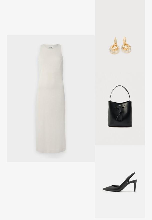 Robe midi sans manches en beige clair, confectionnée dans un tissu texturé avec un léger éclat. Coupe droite, longueur genoux sans fermetures visibles.; Escarpins à talon aiguille en cuir noir, avec un design à bout pointu, présentant une découpure à l'avant et un talon fin.; Sac seau en cuir noir à texture lisse, fermeture par cordon de serrage et une bandoulière unique. Doté de ferrures dorées et d'un logo.; Boucles d'oreilles pendantes dorées avec des anneaux imbriqués ornés de cristaux clairs et un cristal rond central, sur un fond clair uni.