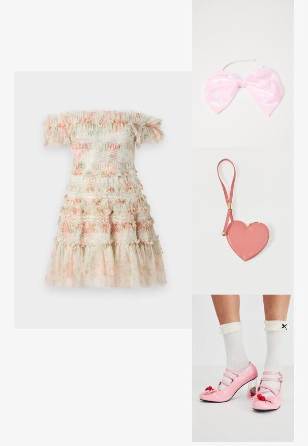 Off-the-shoulder jurk in lichtcrème met gelaagde ruches en roze bloemenmotieven. Heeft smock-elastische banden voor een textuurlook.; Roze gepatineerde leren hakken met een ronde neus, drie bandjes en kersenversieringen. Heldere blokhak met florale accenten. Witte geribbelde sokken.; Roze, glanzige haaraccessoire in de vorm van een grote strik, met een gladde textuur en een dunne band om het op zijn plaats te bevestigen.; Roze leren muntportemonnee in hartvorm met polsbandje en gouden rits, gebrandmerkt met kleine gouden tekst "Furla".