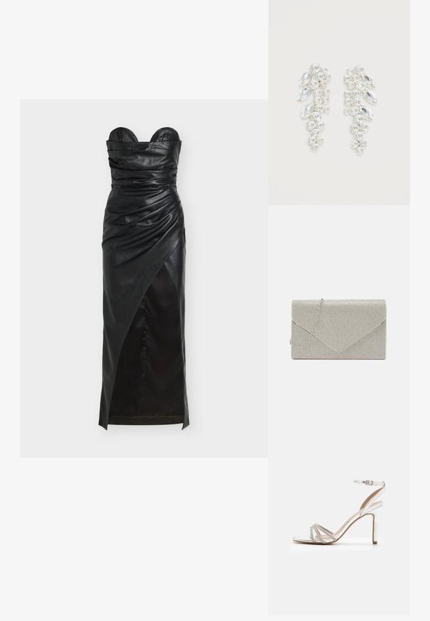 Robe noire en cuir sans bretelles avec des détails froncés, un ourlet asymétrique et une texture lisse. Comprend un corsage structuré et une silhouette élégante.; Sandale argentée à talons hauts avec plusieurs brides ornées de strass, design ouvert à l'avant et boucle à la cheville. Fini métallique lisse.; Pochette argent métallique au design d'enveloppe, ornée d'un motif texturé, avec une chaîne amovible.; Paire de boucles d’oreilles ton argent avec cristaux clairs taillés en grappes, en formes rondes et marquise sur fond blanc.