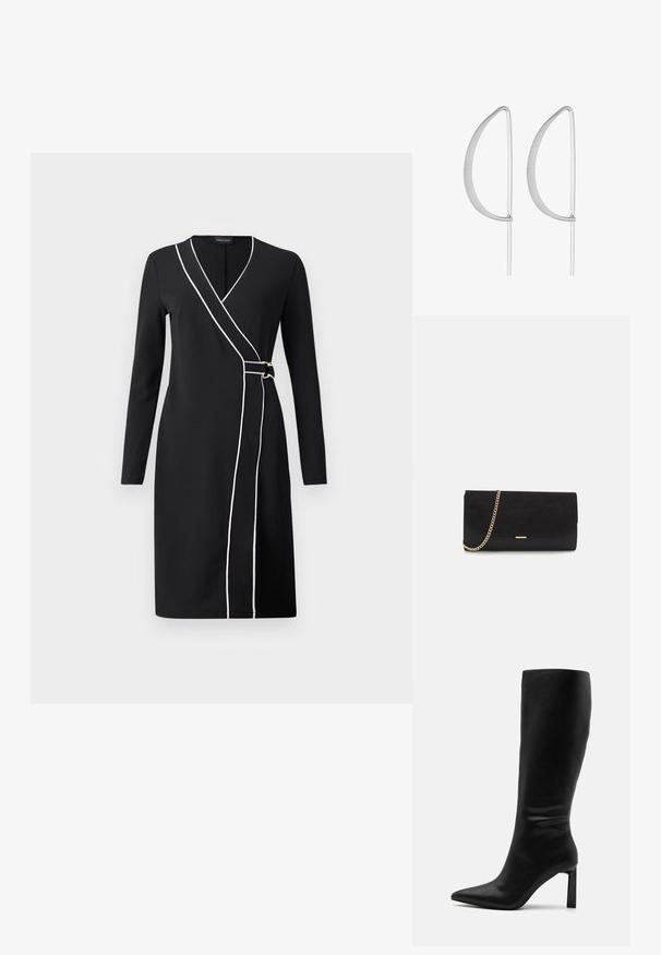 Zwarte wikkeljurk met lange mouwen, witte bies langs de voorkant en gouden accenten. Glad, geweven stof, jurk tot de knie.; Even&Odd by Zalando Laarzen - black; Zwarte clutch tas gemaakt van suede met een textuurafwerking, voorzien van een gouden schouderband en een strakke, hoekige vorm.; Zilveren metalen oorbellen met een minimalistisch gebogen ontwerp, met uitgerekte, open druppelvormen en een matte afwerking.