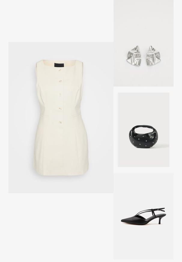 Robe sans manches de couleur crème avec un décolleté carré, cinq boutons sur le devant et des poches latérales. Fabriquée en tissu structuré.; Escarpin noir en cuir à bout pointu avec petit talon kitten, fine bride de cheville avec boucle, design slingback, sur un fond uni clair.; Sac à main en cuir noir de forme arrondie, décoré de clous argentés et équipé d'une poignée courte. Texture lisse et fermeture éclair.; Boucles d'oreilles en métal argenté avec un design ondulé et sculptural, présentant une finition polie et des formes irrégulières, mettant en valeur une esthétique contemporaine.