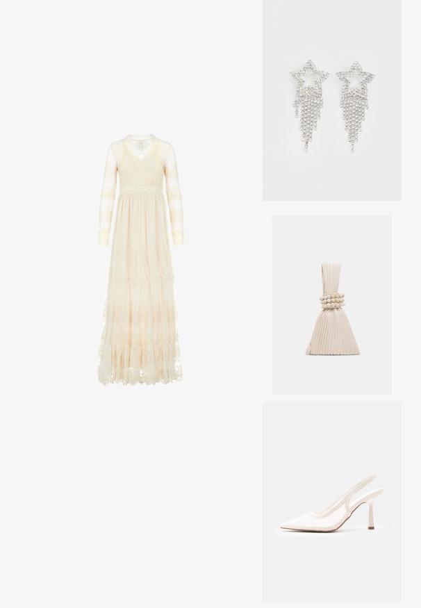 Lang, cremefarvet kjole med gennemsigtige lange ærmer, blonde detaljer, V-udskæring og tiered nederdel. Har intrikate broderede mønstre over det hele.; Hvid spids tå slingback højhælet sko med blonder og meshoverdel samt slank hæl på enkel lys grå baggrund.; Lille plisseret beige håndtaske med et knyttet håndtag og tre runde perlearmbånd viklet omkring midten.; Rhinestone stjerne øreringe med dryppende frynsedetaljer, præget af sølvfarve og en blank, reflekterende overflade. Stjernedesign med detaljeret udformning.