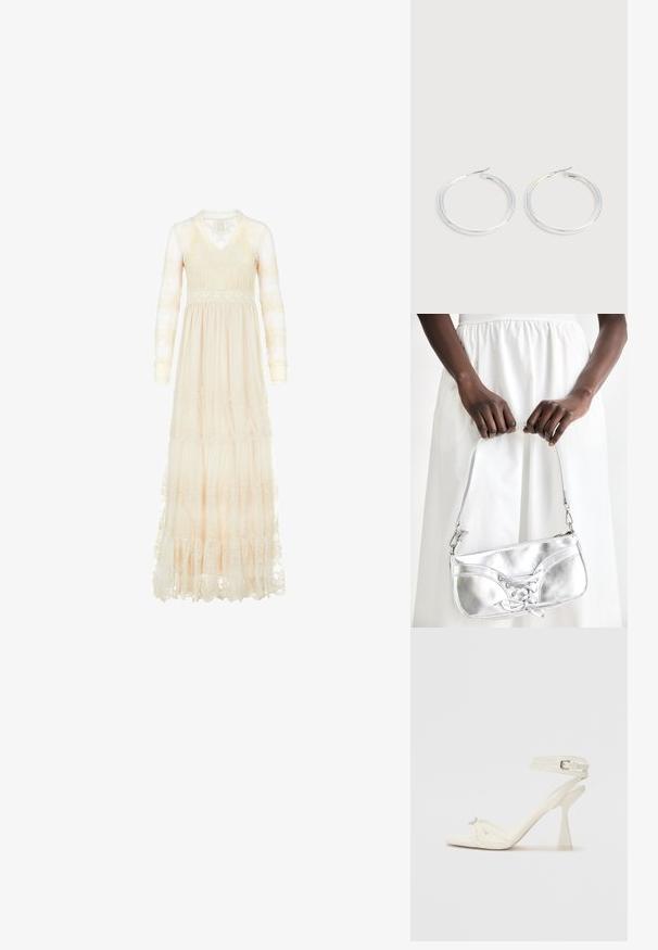 Lang, cremefarvet kjole med gennemsigtige lange ærmer, blonde detaljer, V-udskæring og tiered nederdel. Har intrikate broderede mønstre over det hele.; Sandal med høj hæl i hvid læder med et elegant design, en transparent blokhæl og et dekorativt element ved tåen.; Sølvmetallic håndtaske med snøredetaljer, der har et slankt design og en kort strop. Tasken holdes i hænderne for at fremvise dens tekstur.; Par skinnende sølvøreringe med tynde trådlåse, vist på en lys grå baggrund.