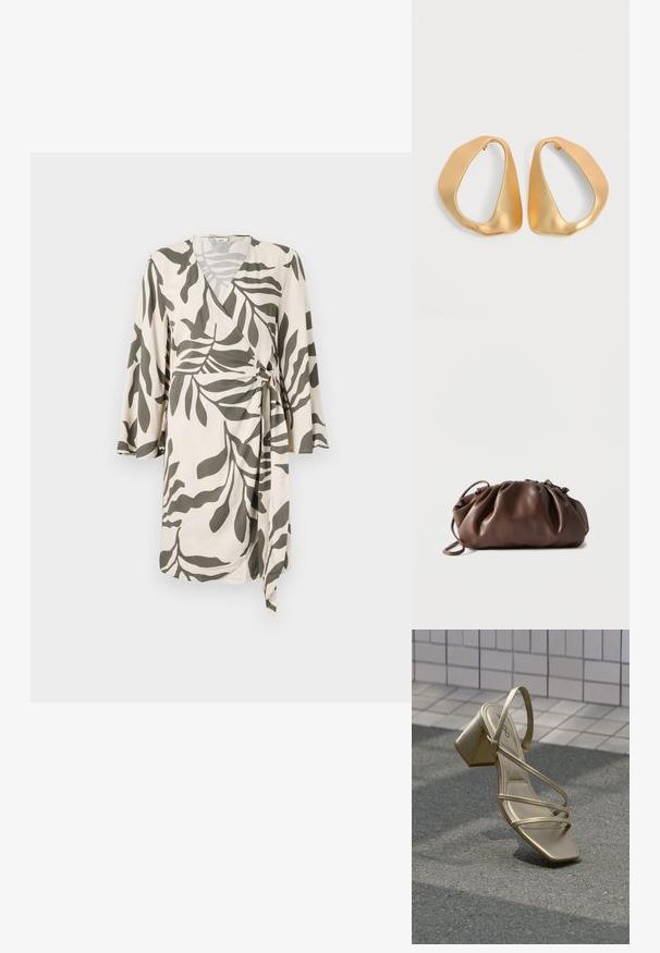 Letthvit omslagskjole i creme med et olivengrønt blade mønster, der har trekvartærmer og et bånd i livet for justerbar pasform.; Guldfarvet sandal med remme, firkantet tå-design, justerbar ankelrem og en blokhæl med en glat metallic finish.; Blød brun læderpung med samlet top og tynd strop, hvilende på hvid baggrund.; Par af uregelmæssige, asymmetriske gyldne hoop-øreringe med en glat, mat finish på en neutral baggrund.