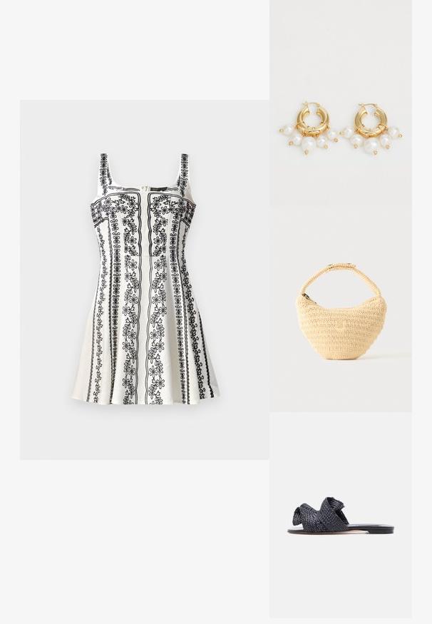 Robe sans manches noire et blanche avec broderies florales délicates, un corsage ajusté et une jupe évasée. Tissu texturé avec une fermeture éclair.; Sandale plate noire à glissière avec une bride tressée en croix sur le dessus et design à bout ouvert sur fond blanc.; Sac à main beige tissé avec corps arrondi, fermeture éclair et une sangle courte et épaisse dans un style crochet simple et texturé.; Boucles d'oreilles en or en forme de créoles, ornées de trois perles blanches pendantes, maintenues par des accents en fil. Fini métallique lisse avec un aspect poli.