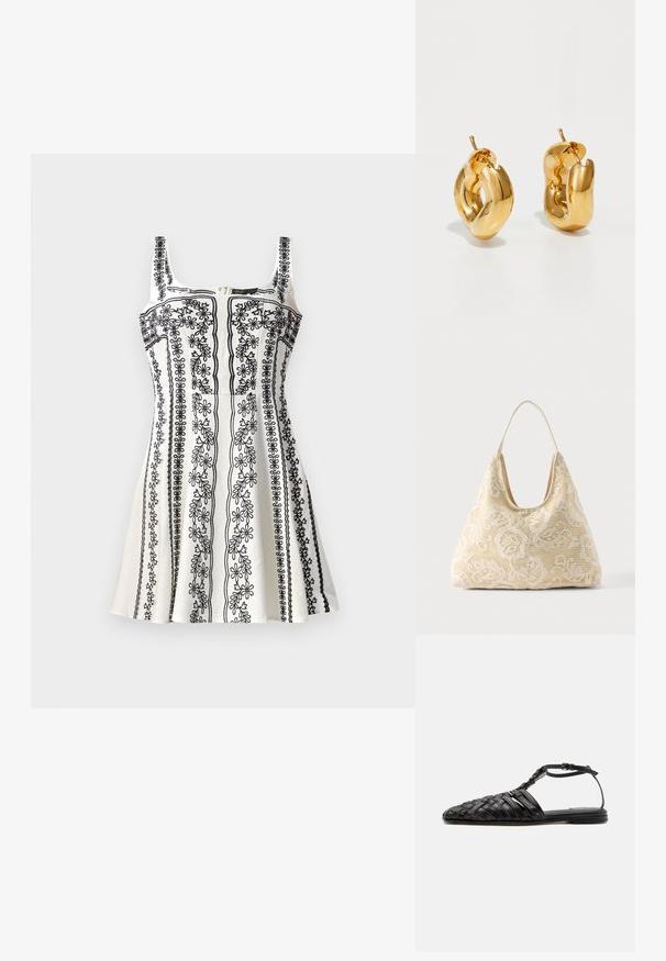 Robe sans manches noire et blanche avec broderies florales délicates, un corsage ajusté et une jupe évasée. Tissu texturé avec une fermeture éclair.; Sandale plate en cuir noir avec bout fermé tissé, bride à la cheville et boucle, présentée sur fond blanc.; Sac fourre-tout en tissu couleur crème avec motif crochet floral blanc et une seule fine bandoulière sur fond uni.; Boucles d'oreilles créoles en or massif avec un design tubulaire légèrement tordu et des fermoirs à tige sur un fond blanc.