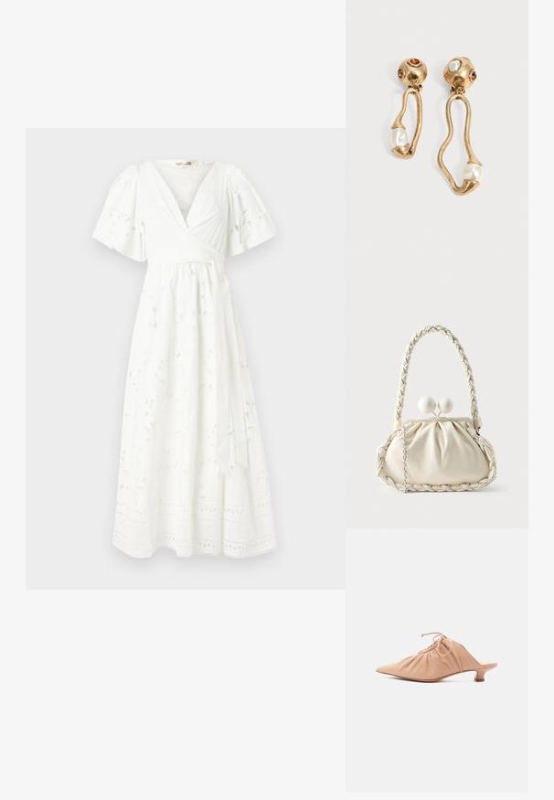 Weißes, knielanges Wickelkleid mit kurzen Puffärmeln, floralem Muster, strukturiertem Stoff und Spitzenverzierungen am Saum.; Beige Leder-Pantolette für Damen mit spitzer Kappe, gerafftem Obermaterial, Kordelzug und niedrigem Kitten-Heel auf weißem Hintergrund.; Cremefarbenes Lederhandtasche mit geflochtenem Griff, gerafftem Körper und markantem kugelförmigem Verschluss. Verfügt über einen abnehmbaren Kettenriemen.; Ohrringe in Goldton mit unregelmäßigen offenen Formen, jeweils mit einer Perle am unteren Ende und Edelsteindetails an den runden Steckern.