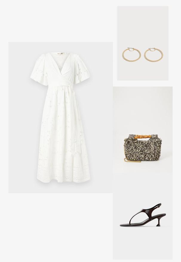Robe blanche à mi-mollet avec des manches courtes à volants, motif floral, tissu texturé et détails en dentelle à l'ourlet.; Sandale slingback en cuir verni marron foncé avec petit talon et bride entre les orteils sur fond blanc.; Sac tissé avec un motif texturé noir et crème, une poignée en bambou et une bandoulière en chaîne dorée amovible. Forme rectangulaire compacte.; Paire de boucles d'oreilles créoles en or de taille moyenne avec un design texturé et perlé sur un fond clair uni.