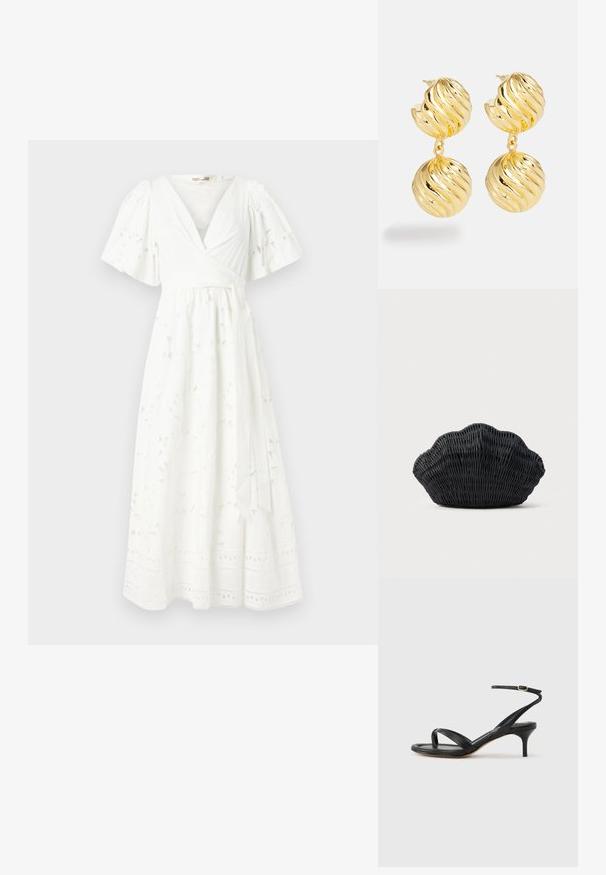 Robe blanche à mi-mollet avec des manches courtes à volants, motif floral, tissu texturé et détails en dentelle à l'ourlet.; Sandale pour femme en cuir noir avec fines lanières, une boucle d'orteil, une boucle à la cheville et un talon aiguille de hauteur moyenne sur un fond neutre.; Sac à main en osier noir en forme de coquille Saint-Jacques avec un dessus courbé et une texture tressée sur un fond uni.; Boucles d'oreilles en ton doré avec un design tordu. Elles comportent deux éléments sphériques, chacun avec une texture ondulée et une finition polie.