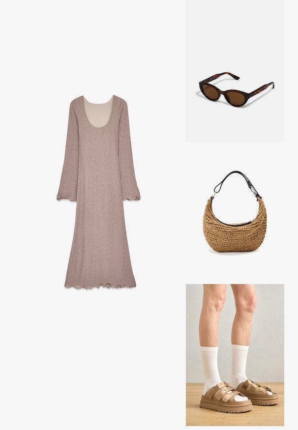 Largo vestido de color malva hecho de una tela texturizada que presenta un amplio escote en forma de barco y mangas acampanadas, con un detalle de dobladillo en forma de ondas.; Sandalias de plataforma color caramelo con tres tiras anchas, combinadas con calcetines de algodón blancos con textura de canalé. Acabado liso y suelas texturizadas visibles.; Gafas de sol de carey marrón con una forma vintage de ojo de gato y lentes marrones. Presentan brazos curvados con acentos rojos.; Bolso de mano de paja trenzada en beige con una silueta curva, que presenta una correa de cuero negro y detalles metálicos plateados. Acabado texturizado.