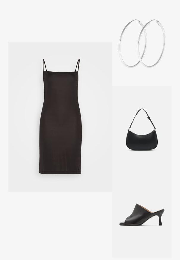Čierne šaty bez rukávov s tenkými ramienkami, vyrobené z hladkého materiálu, s priliehavým strihom, ktorý siaha tesne nad kolená.; Selected ASHLEY - Šľapky na opätku - black; Pieces PCALUANA SHOULDER BAG - Kabelka - black; Strieborné kruhové náušnice s hladkým, okrúhlym tvarom a lešteným povrchom. Obe náušnice sú rovnakej veľkosti a disponujú bezpečným uzatváracím mechanizmom.