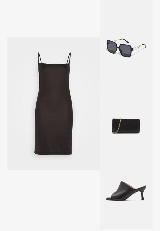 Robe noire à bretelles spaghetti fines, en tissu lisse, avec une silhouette ajustée qui tombe juste au-dessus du genou.; Selected ASHLEY - Mules à talons - black; Anna Field by Zalando Lunettes de soleil - black; Porte-monnaie noir en daim avec une finition texturée, doté d'une chaîne dorée et d'un design épuré et angulaire.