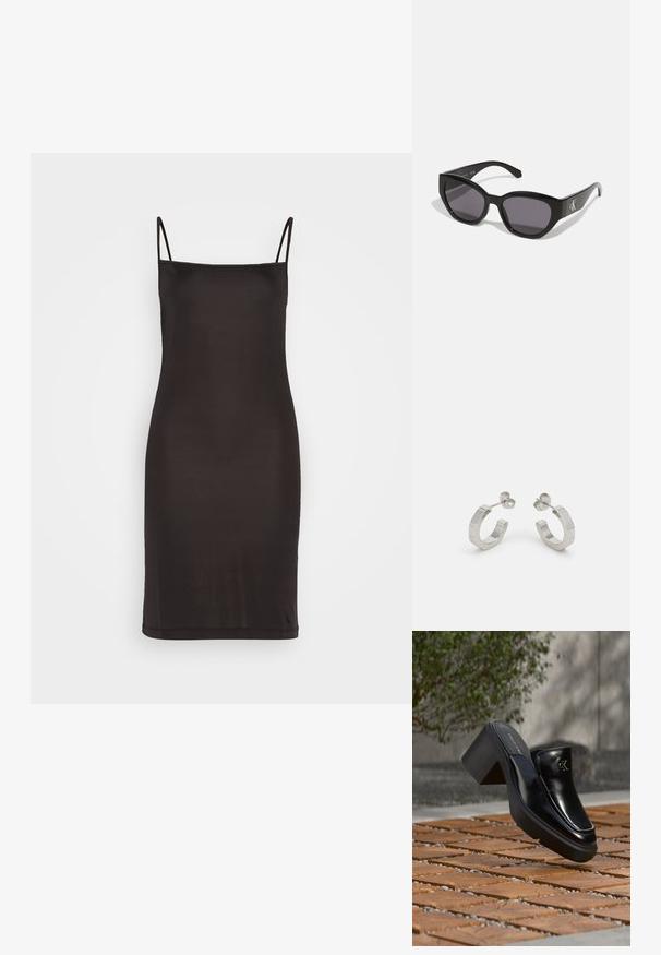 Schwarzes Slipkleid mit dünnen Spaghetti-Trägern, aus glattem Stoff gefertigt, mit einer körpernahen Silhouette, die knapp über dem Knie endet.; Schwarze Leder-Slip-on-Mule von Calvin Klein mit Blockabsatz, die auf Holzfliesen im Freien nahe einer grünen Pflanze und einer grauen Wand ruht.; Schwarze Sonnenbrille mit einem schlanken, kantigen Design, dunklen Gläsern und einem kontrastierenden silbernen Logo an der Seite. Glatte Kunststoffoberfläche.; Silberne Metall-Hoops mit strukturiertem Design, ausgestattet mit einem kleinen Steckverschluss und Branding an einem Hoop. Abgerundete Form mit glänzender Oberfläche.