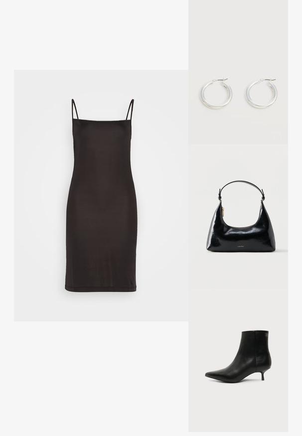 Robe noire à bretelles spaghetti fines, en tissu lisse, avec une silhouette ajustée qui tombe juste au-dessus du genou.; Bottine en cuir noir avec bout pointu et petit talon kitten sur fond clair, vue côté extérieur.; Sac à main Calvin Klein noir brillant avec fermeture éclair dorée et anse courte sur fond blanc uni.; Paire de boucles d'oreilles créoles moyennes argentées brillantes avec de fines attaches métalliques sur un fond clair et neutre.