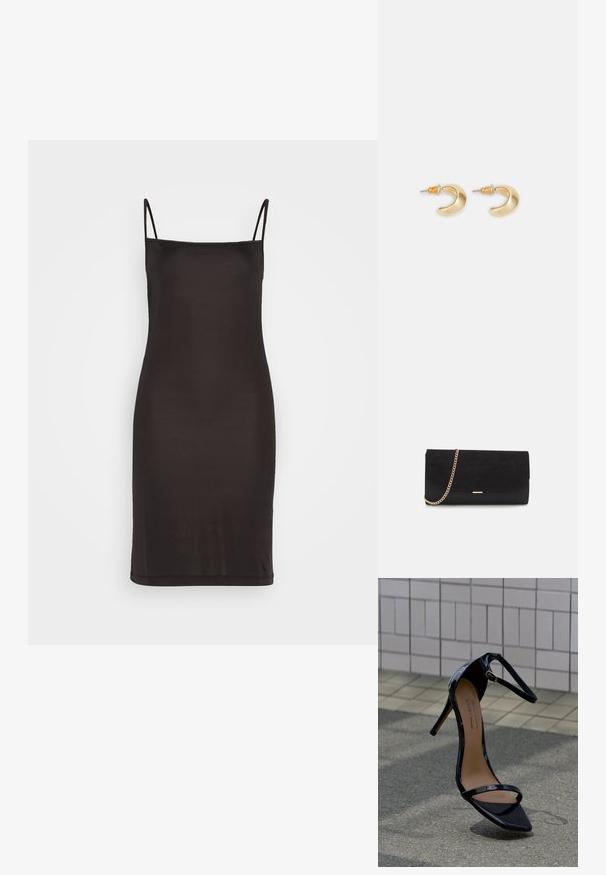 Schwarzes Slipkleid mit dünnen Spaghetti-Trägern, aus glattem Stoff gefertigt, mit einer körpernahen Silhouette, die knapp über dem Knie endet.; Schwarze, hochhackige Sandale aus Lackleder mit Knöchelriemen, goldener Schnalle und spitzer Zehenpartie, auf einer gefliesten und asphaltierten Fläche aufrecht stehend.; Schwarze Clutch aus Wildleder mit strukturierter Oberfläche, ausgestattet mit einem goldenen Kettenriemen und einem eleganten, kantigen Design.; Goldene, mondförmige Ohrringe mit glatter Oberfläche, die orangefarbene Akzente nahe dem Stecker und silberne Beschläge aufweisen.