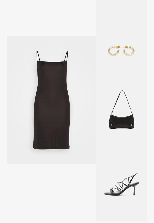 Schwarzes Slipkleid mit dünnen Spaghetti-Trägern, aus glattem Stoff gefertigt, mit einer körpernahen Silhouette, die knapp über dem Knie endet.; Schwarze High-Heel-Sandale mit dünnen, geschwungenen Riemen, silbernen Akzenten und verstellbarer Knöchelschnalle auf weißem Hintergrund.; Call it Spring KOURTNEY - Handtasche - black; Goldfarbene Creolen mit einer glatten, abgerundeten Form und einer polierten Oberfläche. Mit orangefarbenen Akzenten auf der Rückseite für sicheren Halt.