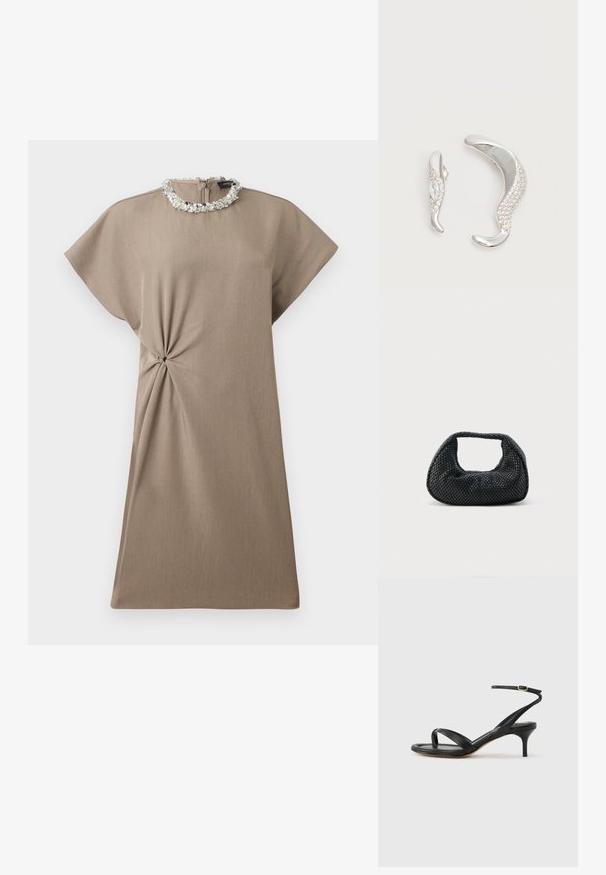 Robe taupe longueur genou avec manches courtes, détail nœud latéral et encolure ronde ornée de sequins argentés.; Sandale pour femme en cuir noir avec fines lanières, une boucle d'orteil, une boucle à la cheville et un talon aiguille de hauteur moyenne sur un fond neutre.; Sac hobo tissé noir avec une structure souple et une poignée intégrée, présenté sur un fond clair uni.; Deux boucles d'oreilles argentées courbées, l'une plus grande que l'autre, toutes deux ornées de petits cristaux scintillants le long d'un bord.