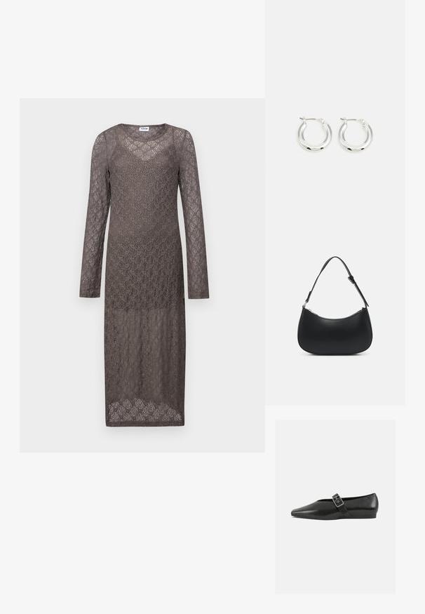 Tumehall lace kleit pikkade varrukatega, millel on lilleline muster ja vormiv kuju, mõeldud ulatumiseks poolte reide. Läbipaistev tekstuur.; Must mustril leedjalats, millel on terav varvas, metallist pandla rihm üle jala ja madal, paindlik tall.; Pieces PCALUANA SHOULDER BAG - Käekott - black; Hõbedased rõngaskõrvarõngad poleeritud viimistlusega, ringikujulise kujuga ja hingedega kinnitusega. Sile tekstuur minimaalsete detailidega.