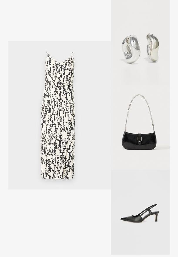 Mouwloze jurk in een crèmekleur met een zwart abstract patroon, met een aansluitende taille, rechte snit en een middellange zoom.; Zwarte leren slingback schoen met een puntige neus, voorzien van een glanzend detail op de neuskap en een hak van gemiddelde hoogte. Open zijkant ontwerp.; Zwarte lakleren schoudertas met een zilveren gespdetail en een zilveren kettingriem, getoond tegen een effen lichte achtergrond.; Zilveren sculpturale oorbellen met gladde, gebogen vormen en reflecterende oppervlakken. Voorzien van een gesloten hoepelontwerp en een onderscheidende organische vorm.