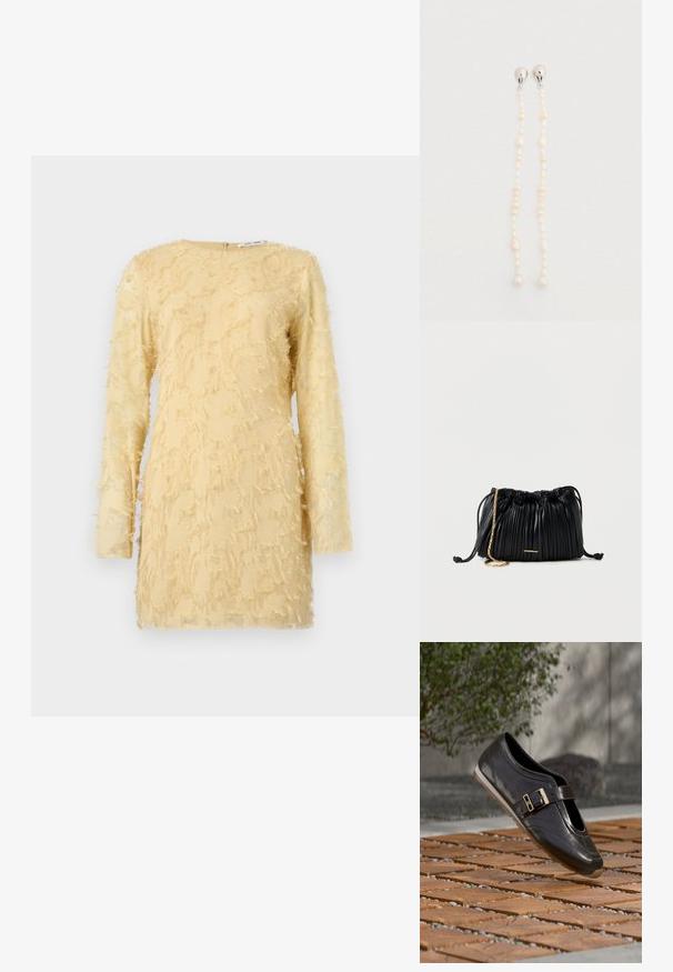 Robe jaune à manches longues, tissu texturé avec des détails effilochés partout. Encolure ronde avec une fermeture éclair au dos.; Mocassin en cuir marron foncé avec boucle dorée flottant au-dessus d'un sol en bois et pierre à motifs, avec un buisson vert flou en arrière-plan.; Sac à main en cuir noir plissé avec cordon de serrage, bandoulière chaîne dorée et petit accent horizontal doré sur le devant.; Boucles d'oreilles pendant en perles avec des brins allongés ornés de perles blanches de formes variées et d'accents argentés en haut.