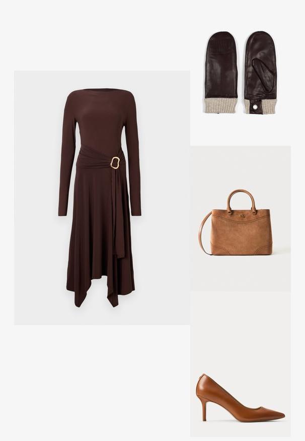 Brown long-sleeve dress made of soft fabric, featuring a twisted waist with a golden buckle accent and an asymmetrical hemline.; Ruskea nahkainen naisten korkokengät, jossa on kärkiosa terävä ja ohut, keskikorkea korko, vaalealla yksivärisellä taustalla.; Ruskea nahkainen olkalaukku, jossa on kaksi kahvaa, koristeelliset rei'itykset ja kohokuvioitu "RL"-logo etuosan keskellä.; Ruskih kožnih rukavica smeđe boje s rebrastim bež pletenim manžetama, koje imaju deo za palac i detalj s dugmetom na jednoj manžeti. Ukupna površina je glatka.