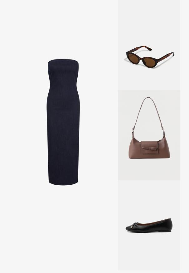 Strapless, nauwsluitende maxidress van donkerdenim, met een rechte silhouet en een zachte textuur zonder zichtbare sluitingen of versieringen.; Zwarte leren ballerina met een afgeronde neus, een klein strikje met goudkleurige uiteinden en een lage platte hak op een grijze achtergrond.; Bruine schildpad zonnebril met een vintage cat-eye vorm en bruine lenzen. Heeft gebogen armen met rode accenten.; Bruine leren schoudertas met een voorvak met klep en een gestikte strikdetail en een verstelbare band.