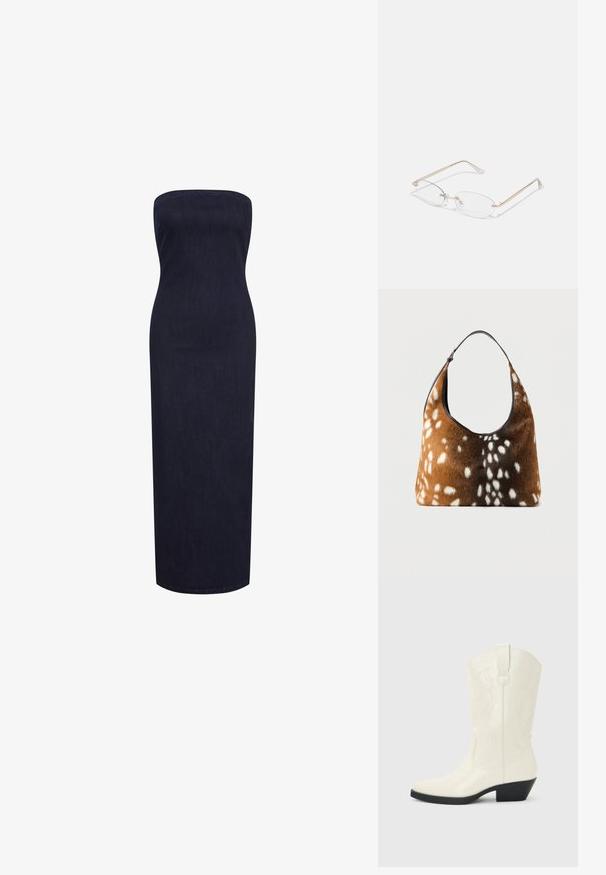 Strapless, nauwsluitende maxidress van donkerdenim, met een rechte silhouet en een zachte textuur zonder zichtbare sluitingen of versieringen.; Witte westernlaars tot halverwege de kuit met puntige neus, zwarte gestapelde hak, decoratieve stiknaden en een lus aan de schacht.; Gouden metalen bril met ovale lenzen, slanke armen en transparante neus pads. Heeft subtiele scharnieraccenten en transparante lenzen.; Bruine en zwarte handtas met witte, gevlekte bonttextuur en een enkele zwarte schouderriem op een effen achtergrond.