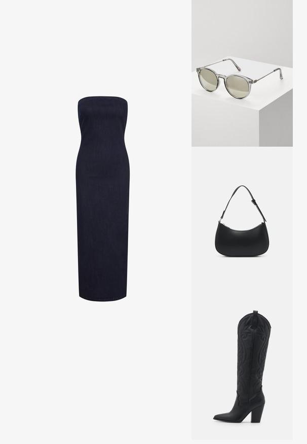 Strapless, nauwsluitende maxidress van donkerdenim, met een rechte silhouet en een zachte textuur zonder zichtbare sluitingen of versieringen.; Zign by Zalando LEATHER - Cowboy-/Bikerlaarzen - black; Ronde zonnebrillen met transparante grijze monturen en grijs-getinte lenzen. Metalen accenten op de veren en gebogen armen voor stabiliteit.; Pieces PCALUANA SHOULDER BAG - Handtas - black