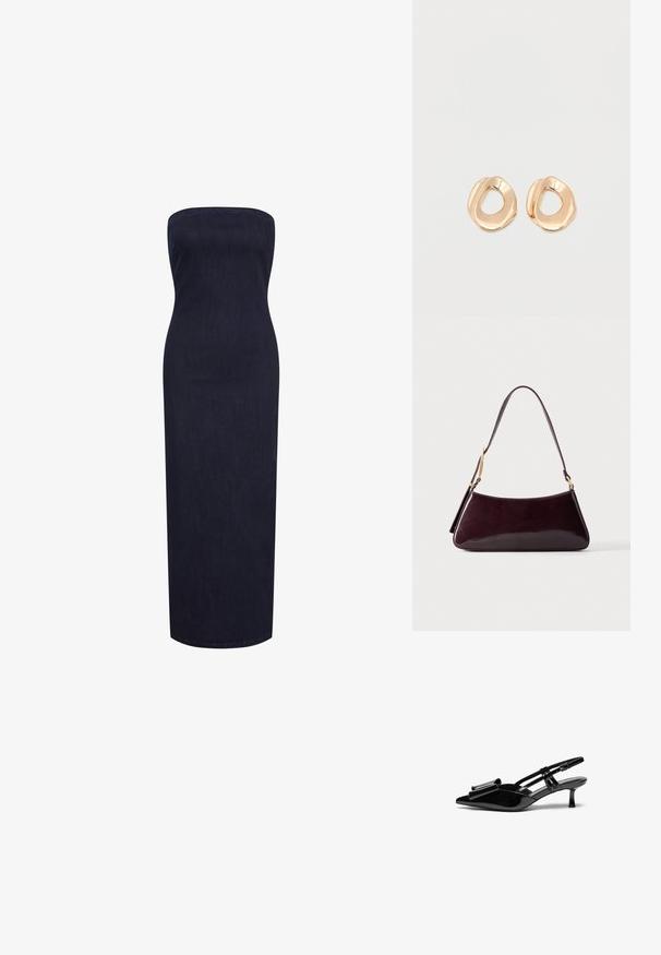 Strapless, nauwsluitende maxidress van donkerdenim, met een rechte silhouet en een zachte textuur zonder zichtbare sluitingen of versieringen.; Zwarte gepatineerde lederen slingback hakken met een puntige neus, een strikdetail aan de voorkant en een kleine stilettohak. De bandjes hebben verstelbare gespen.; Donkerbruine glanzende leren handtas met enkele schouderriem en goudkleurige metalen details tegen een effen achtergrond.; Set van onregelmatig gevormde, gepolijste hoepel oorbellen van goudkleurig metaal met een open midden op een effen witte achtergrond.