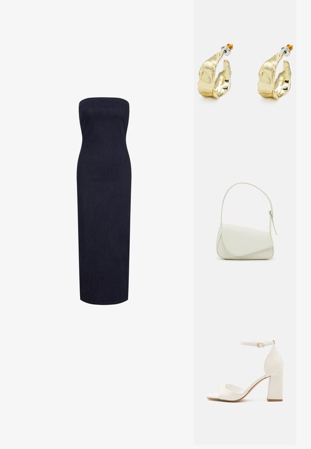 Vestido maxi sin tirantes, ajustado, en denim oscuro, con una silueta recta y una textura suave, sin cierres ni adornos visibles.; Sandaña blanca de tacón alto con tacón cuadrado, punta abierta, correa al tobillo con hebilla dorada y material sintético suave.; Bolso de mano de imitación cuero blanco con una forma triangular estructurada, correa ajustable única y cierre con solapa acentuada en curva.; Pendientes en tono dorado con forma de manos abstractas, que presentan una superficie brillante, detalles intrincados y un poste de plata y oro para un ajuste seguro.