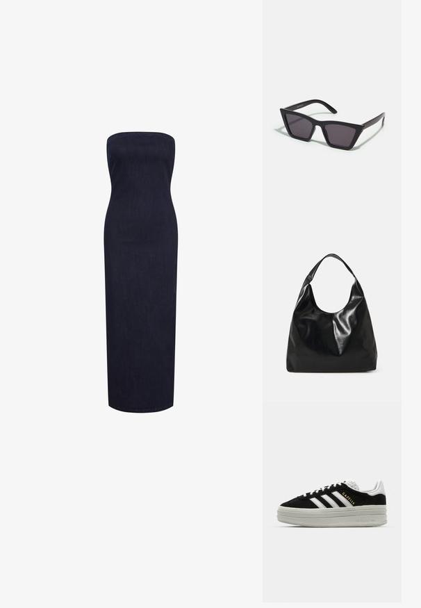 Strapless, nauwsluitende maxidress van donkerdenim, met een rechte silhouet en een zachte textuur zonder zichtbare sluitingen of versieringen.; Zwarte suède sneaker met witte leren accenten, drie witte strepen, platte veters en een dikke grijze platformzool. Gouden "Gazelle" branding.; Zwarte, hoekige zonnebril met grijze lenzen; gemaakt van plastic, met dikke armen met een gladde oppervlakte en zonder zichtbare hardware.; Zwarte leren hobo tas met een zachte, glanzende textuur en een ronde, open bovenkant. Voorzien van een brede, gebogen schouderband om te dragen. Geen zichtbare hardware.