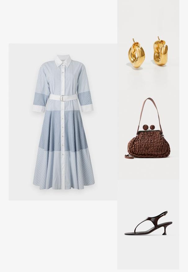 Gestreiftes blaues Hemdkleid mit langen Ärmeln, Knopfleiste und tailliertem Gürtel. Merkmale sind abwechselnde hellblaue und dunkelblaue Streifenmuster.; Dunkelbraune Lackleder-Slingback-Sandale mit kittenabsatz und Zehensteg auf weißem Hintergrund.; Braune gewebte Lederhandtasche mit einem einzelnen Trageriemen und zwei großen runden Holzverschlüssen oben.; Fette goldene Creolen mit einem leicht verdrehten, röhrenförmigen Design und Steckverschlüssen auf einem weißen Hintergrund.