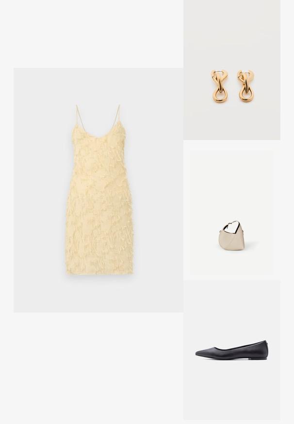Vestido amarillo sin mangas con una silueta ajustada. Presenta una superficie texturizada con detalles de borlas en todo su recorrido. Tirantes de espagueti y escote en V.; Zapato plano de cuero negro con punta puntiaguda y tacón bajo, mostrado de perfil contra un fondo blanco.; Bolso de cuero beige en forma de media luna con una sola correa para el hombro y costuras mínimas, colocado sobre un fondo blanco liso.; Par de pendientes de aro con acabado dorado brillante sobre fondo blanco liso, con diseño entrelazado y torsionado.