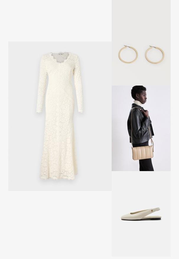 Langärmliges, elfenbeinfarbenes Spitzenkleid mit einem gewellten V-Ausschnitt, floralem Muster und einer taillierten Silhouette, die sich am Saum verbreitert.; cremefarbiger Lederslingback-Flachschuh mit rundem Zehenbereich und kleinem goldfarbenem Emblem am Riemen.; Beige Leder-Crossbody-Tasche mit gestepptem Muster, rechteckiger Form, dünnem Trageriemen und silberner Hardware, getragen von einer Person in einer schwarzen Jacke.; Paar mittelgroße, glatte Creolen in Goldton mit Scharnier-Verschlüssen auf einem einfarbigen hellen Hintergrund.