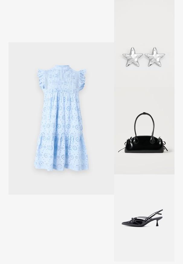 Helles blaues Kleid mit kurzen Rüschenärmeln, das Blumen-Details in Form von Ausstanzungen, eine plissierte Gestaltung an der Brust und einen ausgestellten Saum hat.; Schwarzer Slingback-Pumps aus Lackleder mit spitzer Zehenpartie, niedrigem Kitten-Heel und dekorativer, geknoteter Schleife vorne.; Kleine schwarze glänzende Handtasche mit zwei langen Griffen und seitlichen Kordelzug-Details vor einfachem hellem Hintergrund.; Silberne sternförmige Ohrringe mit einer polierten, glänzenden Oberfläche. Jeder Ohrring hat fünf Spitzen und dezente Oberflächentexturdetails.
