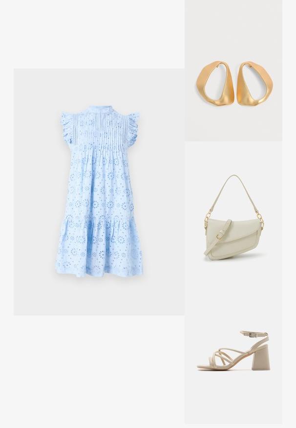 Vestido azul claro con mangas cortas de volantes, que presenta patrones de flores recortadas, detalles plisados en el pecho y un dobladillo acampanado.; Sandalias de tacón en color beige con correas entrelazadas, hebilla en el tobillo y tacón de bloque cuadrado para mayor estabilidad. Textura suave similar al cuero.; Pequeño bolso de mano crema con un acabado texturizado, una correa larga y ajustable, un acento de cadena y cierre de solapa. Detalles en hardware dorado.; Par de pendientes de aro dorados irregulares y asimétricos con acabado suave y mate sobre fondo neutro.