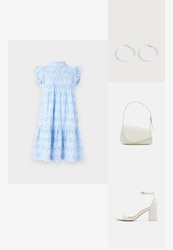 Vestido azul claro con mangas cortas de volantes, que presenta patrones de flores recortadas, detalles plisados en el pecho y un dobladillo acampanado.; Sandal de tacón cuadrado blanco que presenta un material sintético suave, una tira ancha en la parte delantera, una correa en el tobillo ajustable y una plantilla texturizada.; Bolso de mano de imitación cuero blanco con una forma triangular estructurada, correa ajustable única y cierre con solapa acentuada en curva.; Pareja de pendientes de aro plateados brillantes con cierres de alambre delgado, mostrados sobre un fondo gris claro.